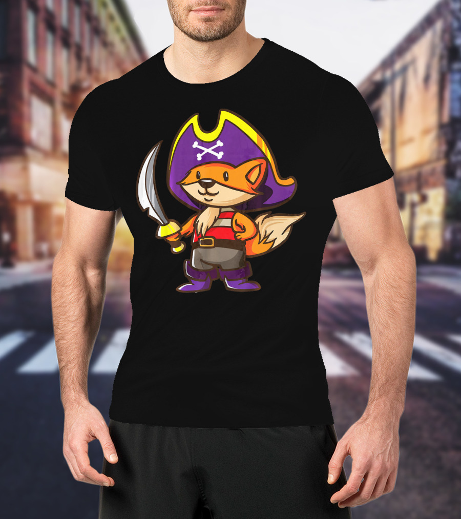 Pirate Fox Halloween Party Costume With Sword And Pirate Hat Featuring Crossbones T-Shirt