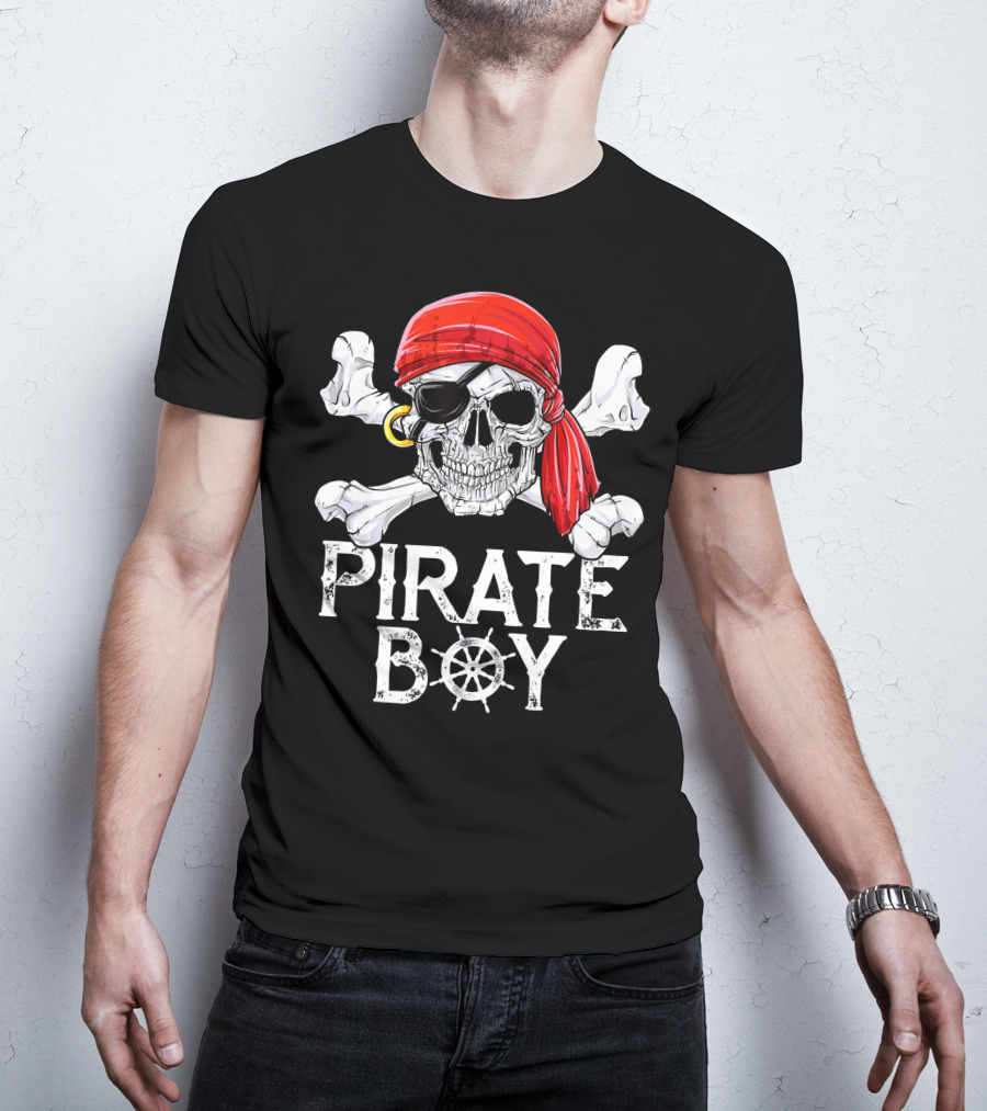 Pirate Boy Jolly Roger Skull With Red Bandana And Crossbones T-Shirt