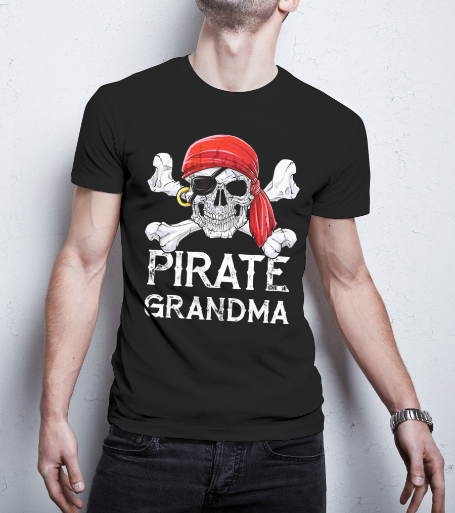 Pirate Grandma Skull With Red Bandana And Crossbones T-Shirt