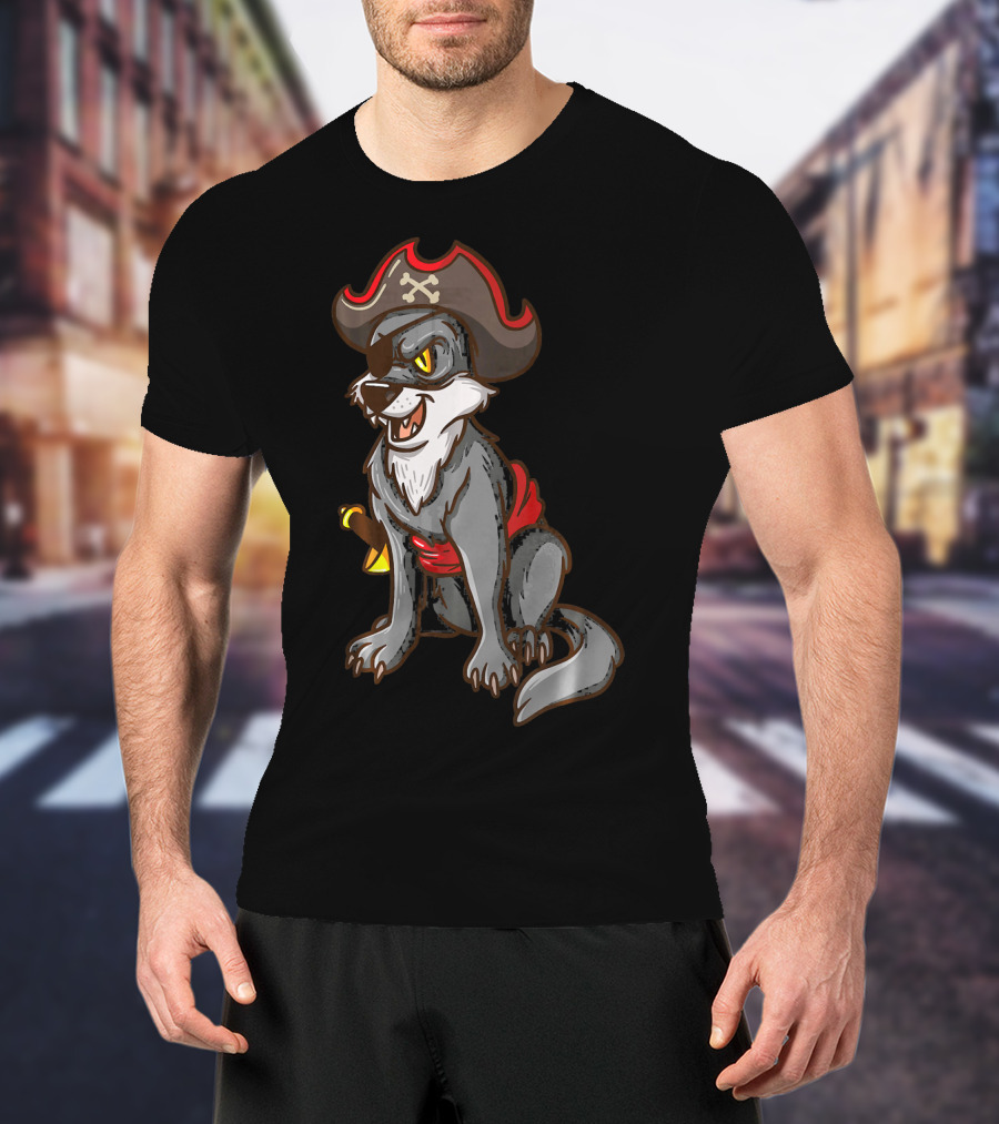 Pirate Wolf Halloween Party Costume With Sword And Hat T-Shirt