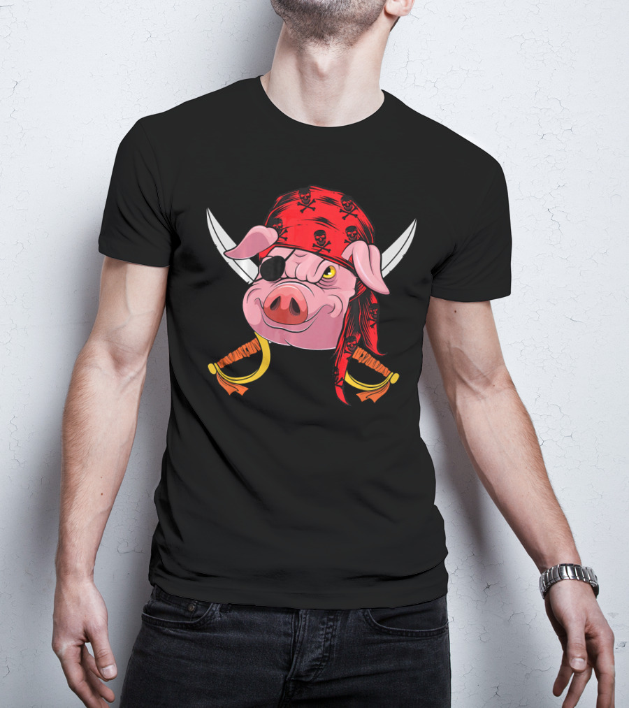 Pirate Pig With Eye Patch And Swords Halloween Costume T-Shirt