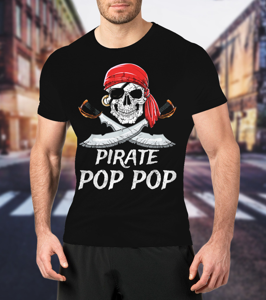 Pirate Pop Pop Skull With Red Bandana And Crossed Swords T-Shirt
