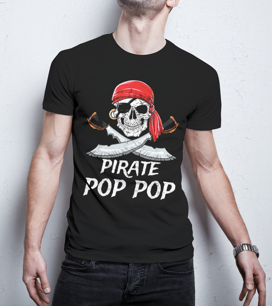 Pirate Pop Pop Skull With Red Bandana And Crossed Swords T-Shirt