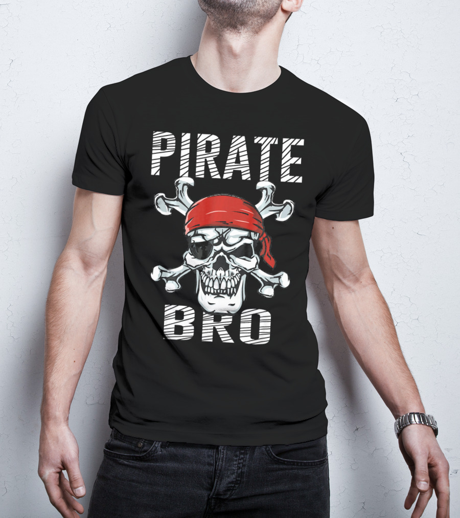 Pirate Bro Skull With Crossbones And Red Bandana T-Shirt