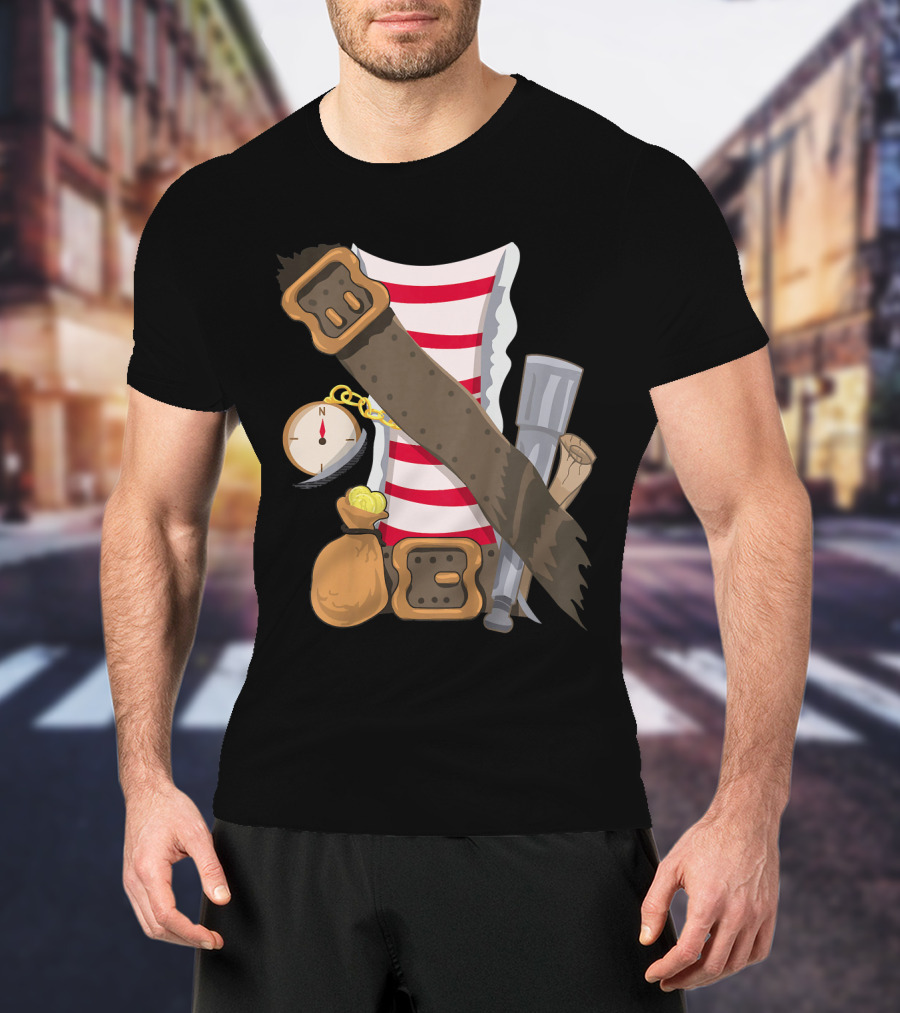 Kids Pirate Buccaneer Striped Shirt With Compass And Treasure Elements T-Shirt