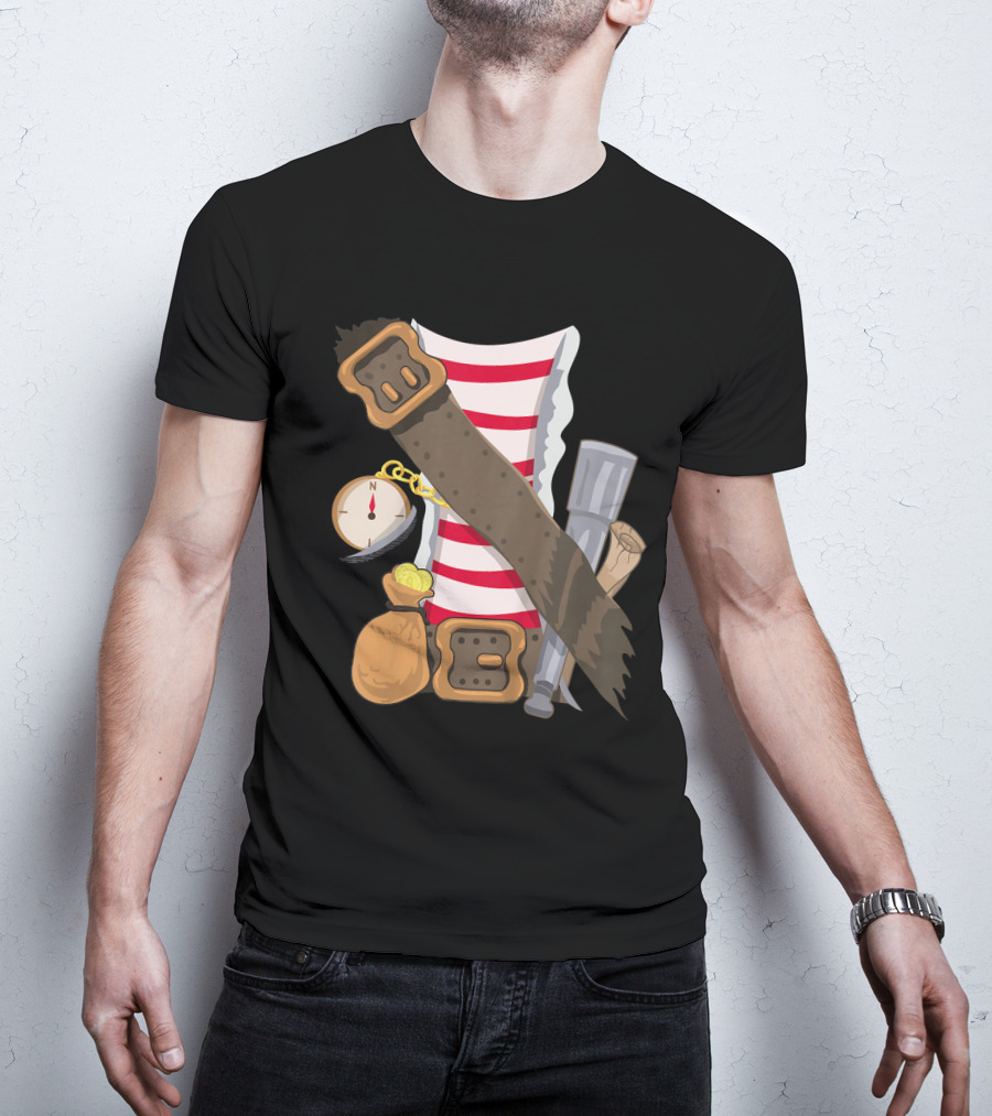 Kids Pirate Buccaneer Striped Shirt With Compass And Treasure Elements T-Shirt