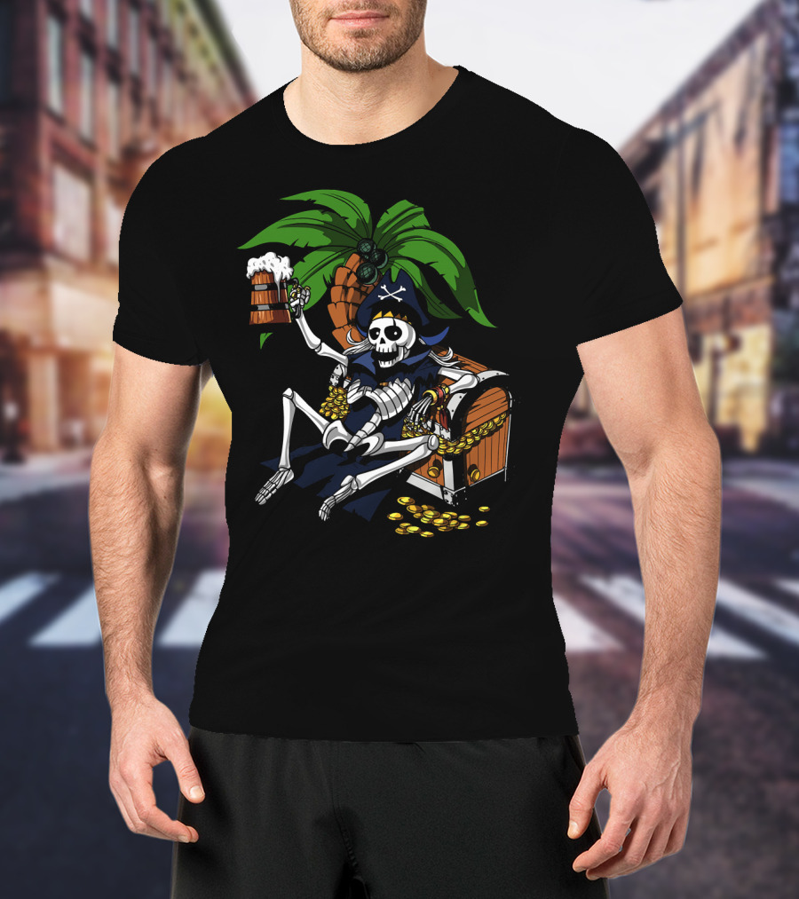 Skeleton Pirate Toasting With Treasure Chest Palm Tree Scene T-Shirt