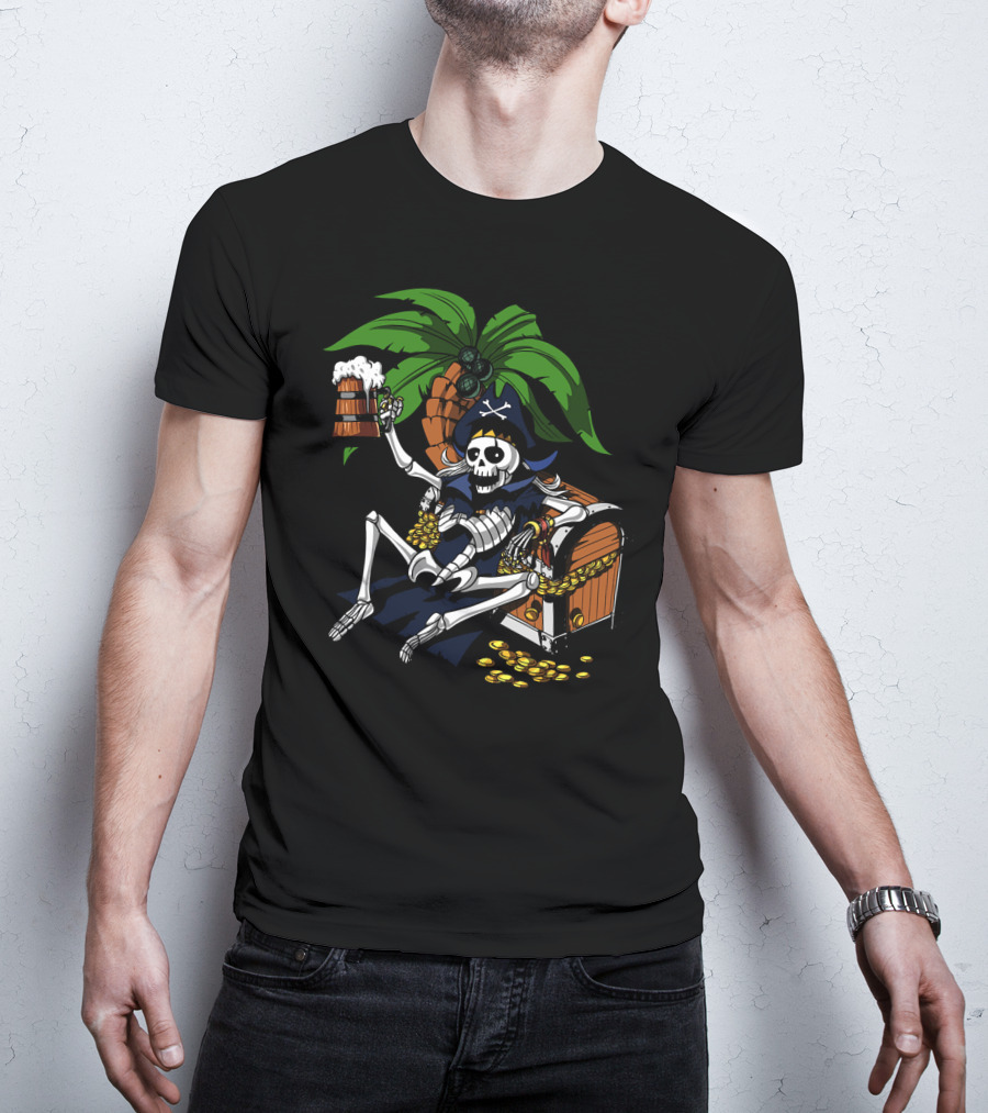 Skeleton Pirate Toasting With Treasure Chest Palm Tree Scene T-Shirt