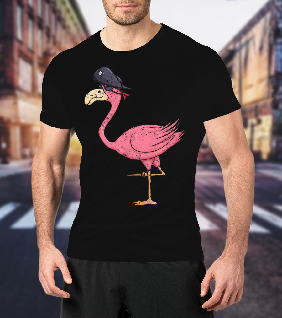 Vintage Pink Flamingo Pirate With Eyepatch And Skull Hat T-Shirt