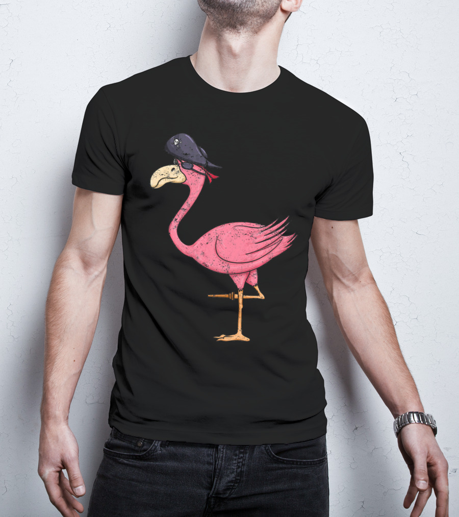 Vintage Pink Flamingo Pirate With Eyepatch And Skull Hat T-Shirt