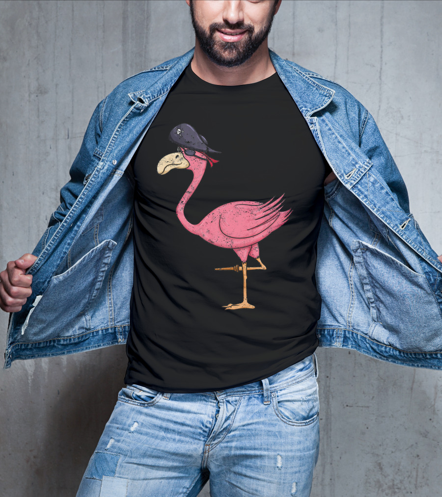 Vintage Pink Flamingo Pirate With Eyepatch And Skull Hat T-Shirt