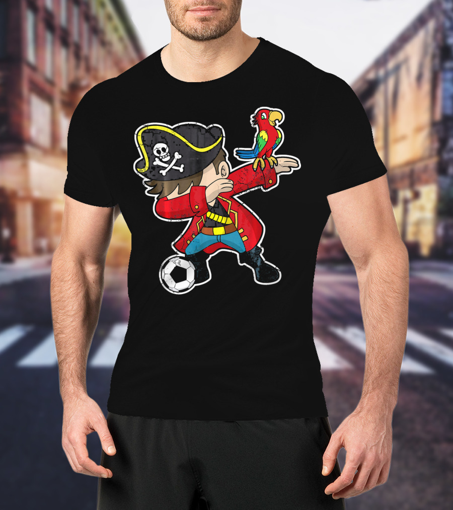 Dabbing Soccer Pirate With Parrot And Skull Hat T-Shirt