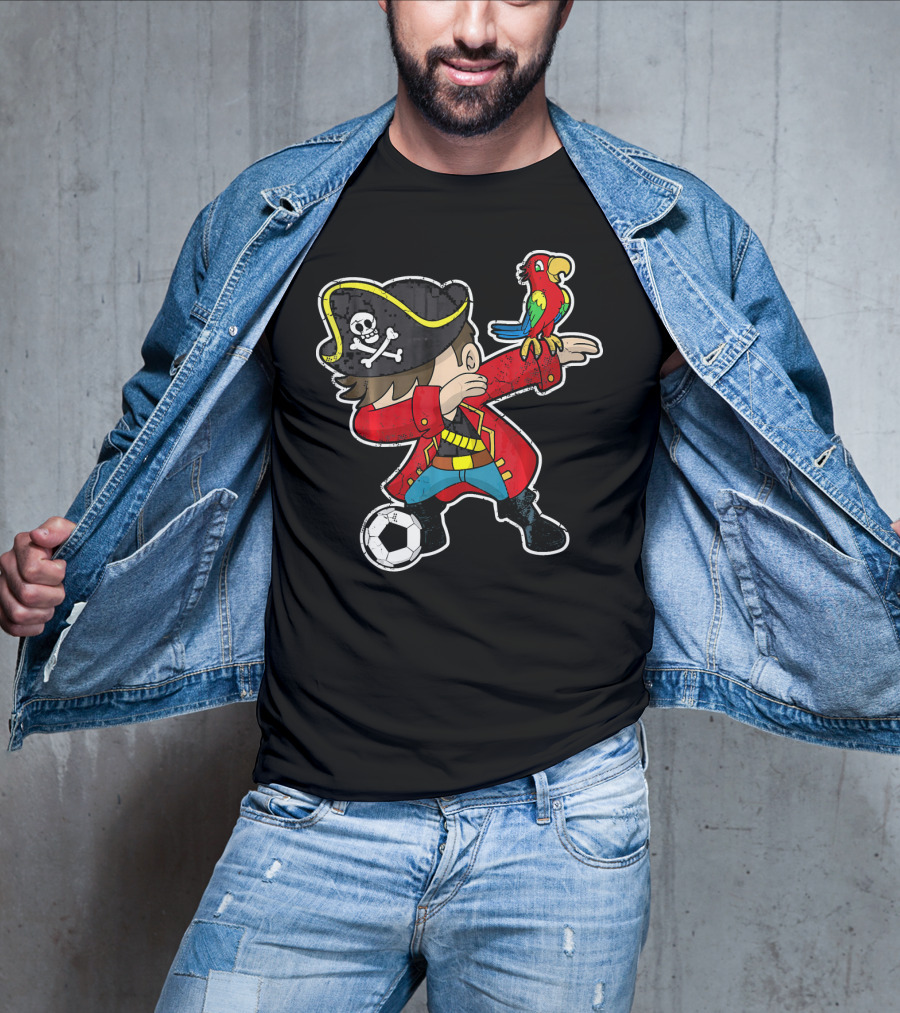 Dabbing Soccer Pirate With Parrot And Skull Hat T-Shirt