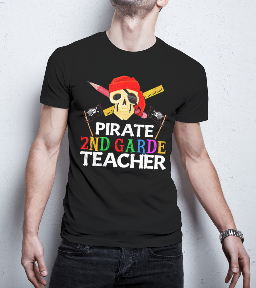 Pirate 2nd Grade Teacher Skull Ruler Swords Red Bandana T-Shirt
