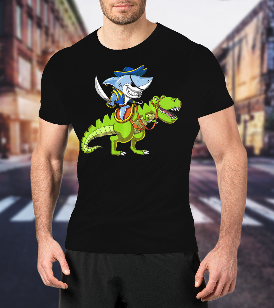 Shark Pirate On T-Rex Dinosaur T-Shirt