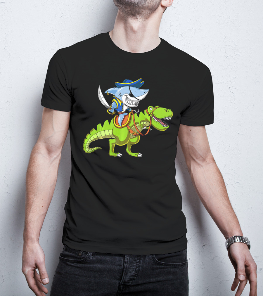 Shark Pirate On T-Rex Dinosaur T-Shirt