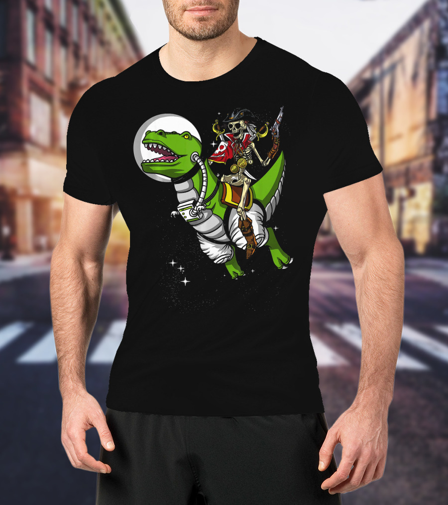 Skeleton Pirate Riding T-Rex Dinosaur With Spacesuit And Blaster T-Shirt
