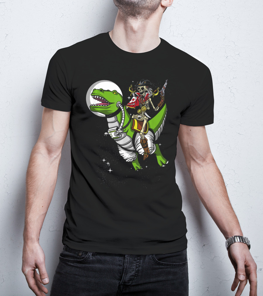 Skeleton Pirate Riding T-Rex Dinosaur With Spacesuit And Blaster T-Shirt