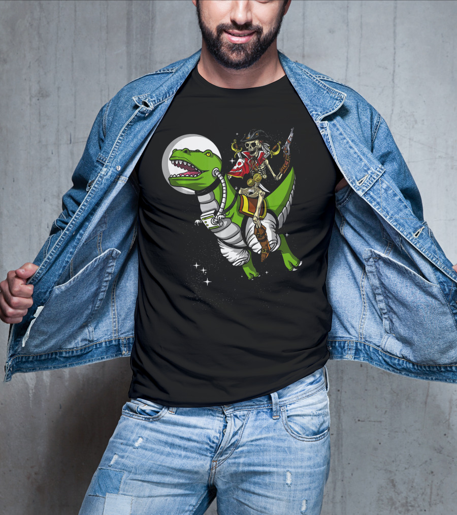 Skeleton Pirate Riding T-Rex Dinosaur With Spacesuit And Blaster T-Shirt