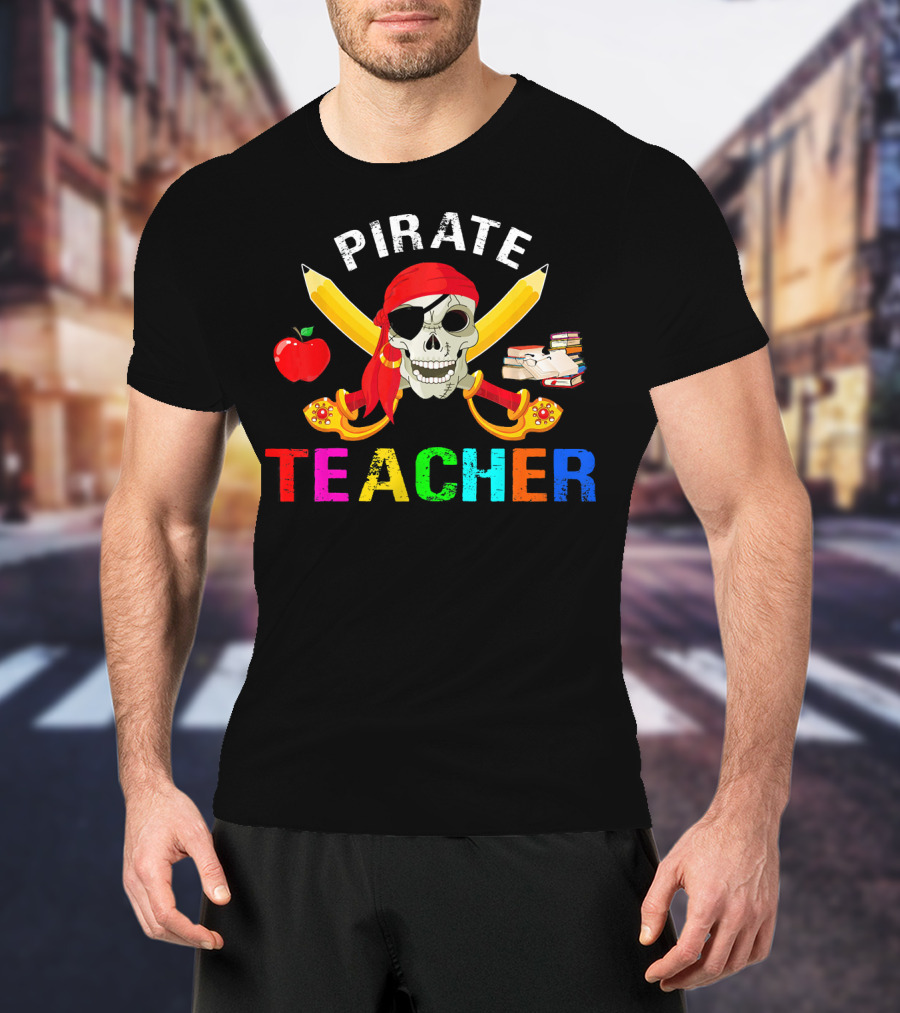 Pirate Teacher Skull Apple Books Halloween T-Shirt