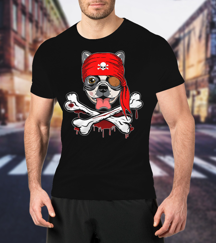 Funny Pirate French Bulldog With Skull Bandana And Crossbones T-Shirt