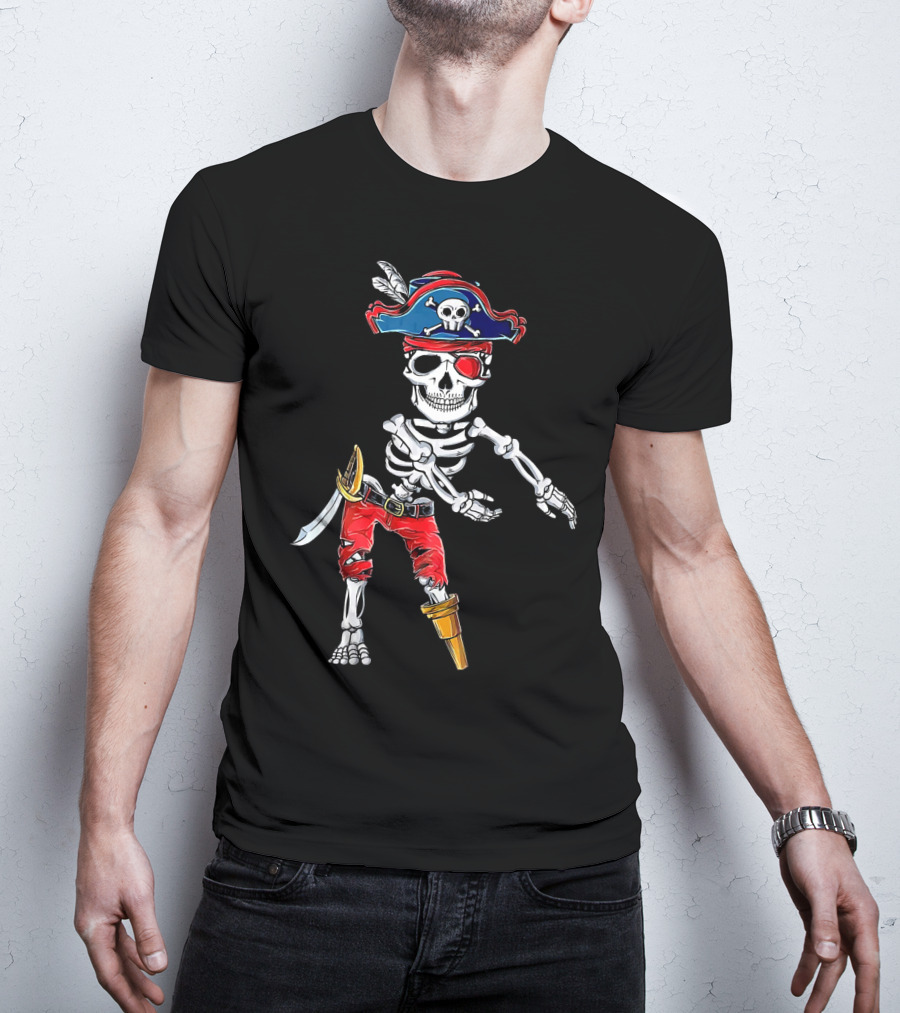 Pirate Skeleton Flossing Dance Red Pants Skull Hat Eyepatch Sword T-Shirt