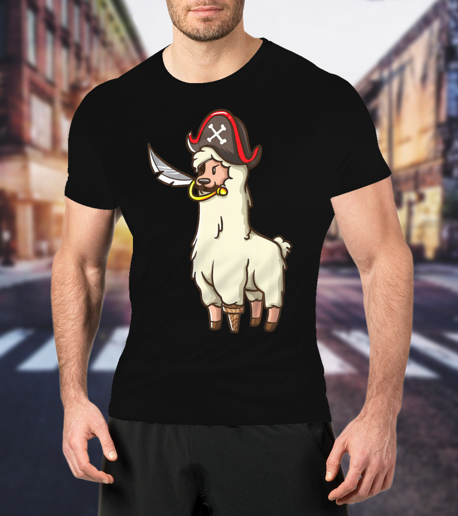 Pirate Llama With Hat And Sword Halloween Party T-Shirt