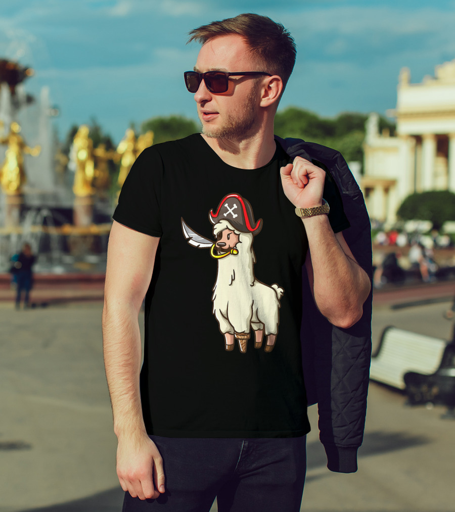 Pirate Llama With Hat And Sword Halloween Party T-Shirt