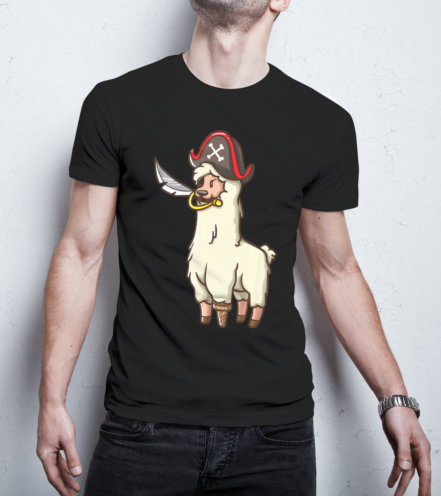 Pirate Llama With Hat And Sword Halloween Party T-Shirt