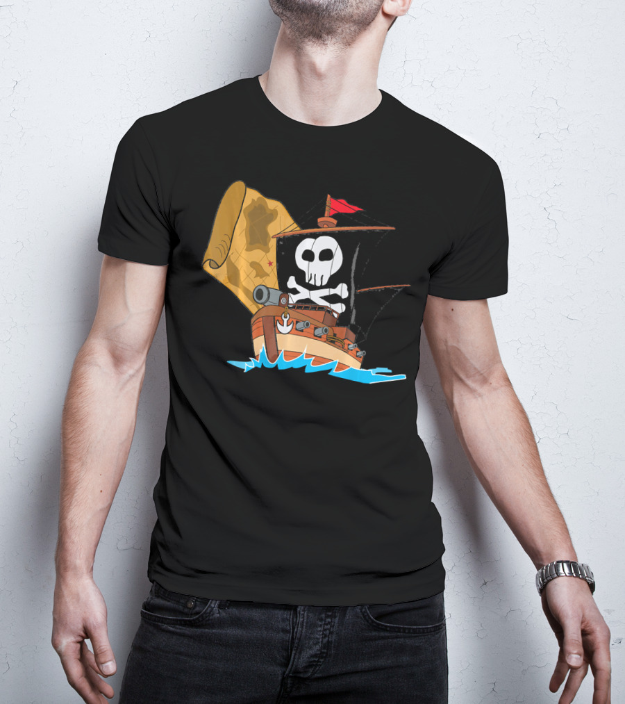 Pirate Ship With Jolly Roger And Treasure Map T-Shirt