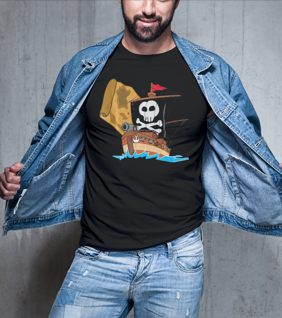 Pirate Ship With Jolly Roger And Treasure Map T-Shirt