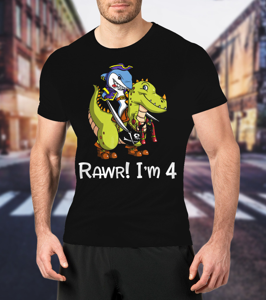 Rawr Dinosaur Shark Pirate Birthday Party I'm 4 T-Shirt