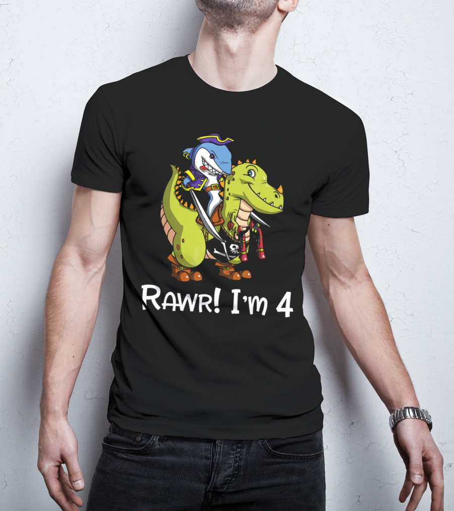 Rawr Dinosaur Shark Pirate Birthday Party I'm 4 T-Shirt