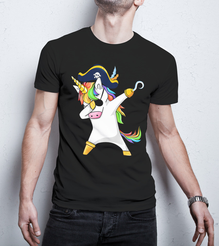 Funny Dabbing Unicorn Pirate With Rainbow Hair And Skull Hat T-Shirt