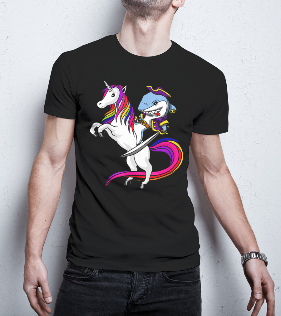Shark Pirate Riding Rainbow Unicorn Magical Adventure T-Shirt