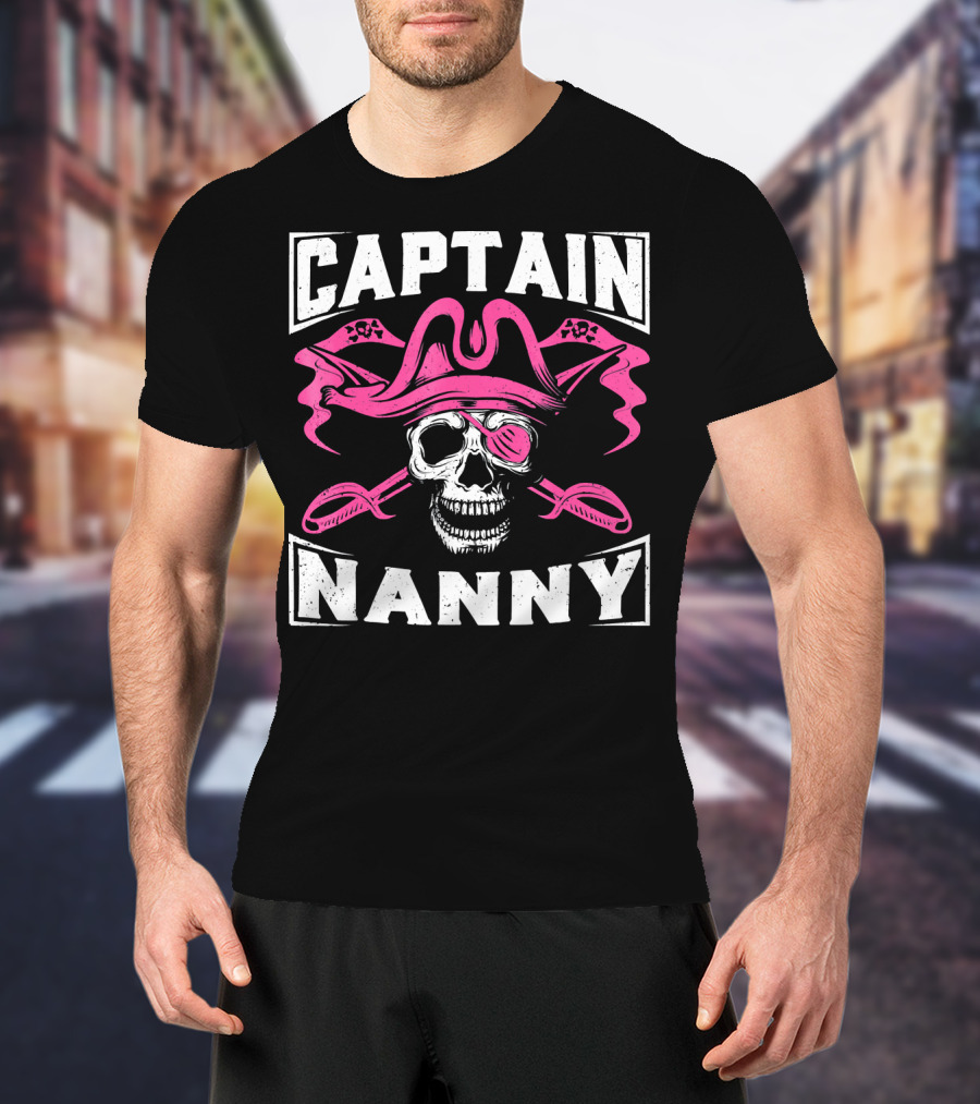 Captain Nanny Skull Pink Pirate Hat Crossed Swords T-Shirt