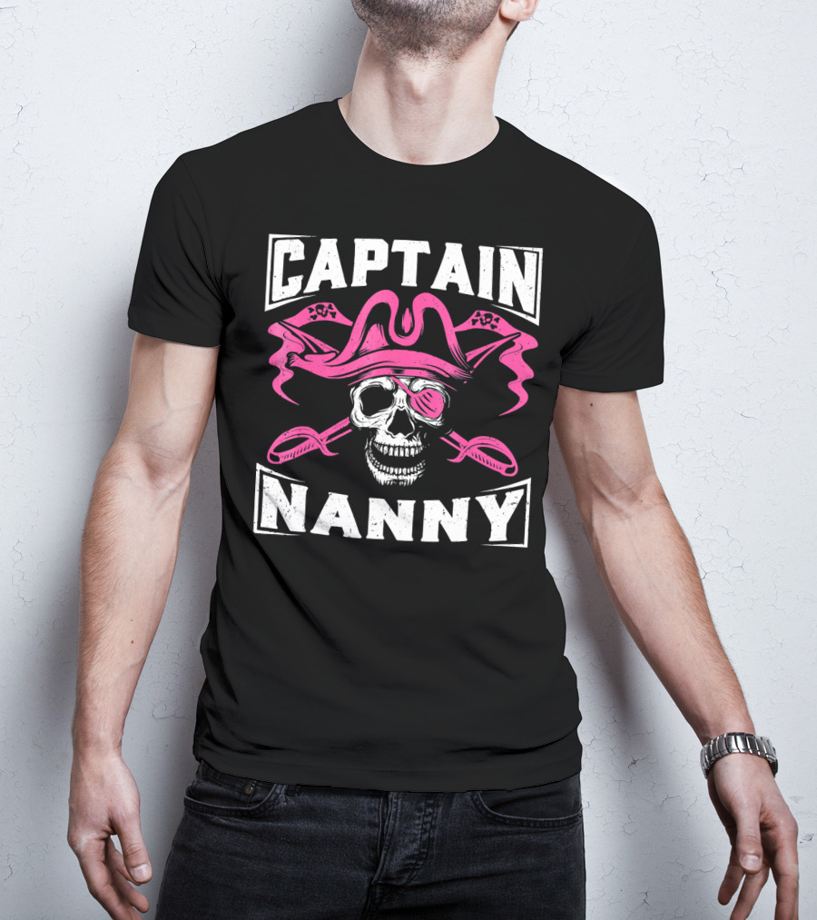 Captain Nanny Skull Pink Pirate Hat Crossed Swords T-Shirt