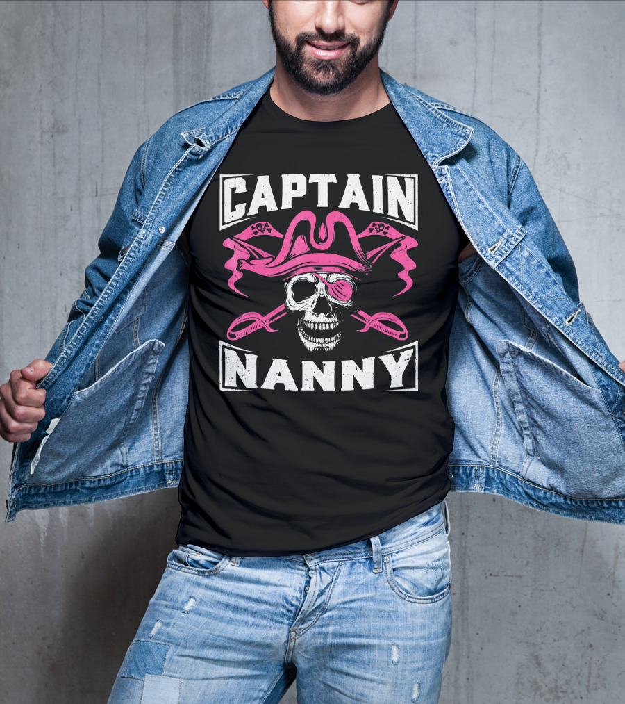 Captain Nanny Skull Pink Pirate Hat Crossed Swords T-Shirt
