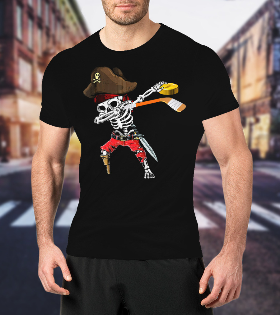 Dabbing Skeleton Jolly Roger Pirate Hockey Stick Ice T-Shirt
