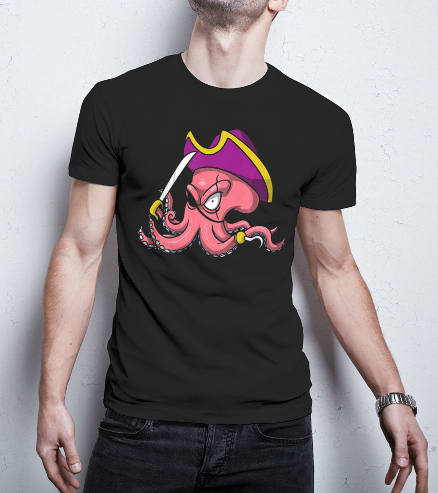 Octopus Pirate Captain With Cutlass And Buccaneer Hat T-Shirt
