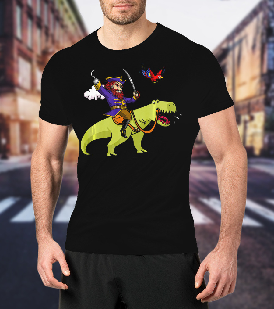 Pirate Sailor Rides T-Rex Dinosaur With Parrot T-Shirt