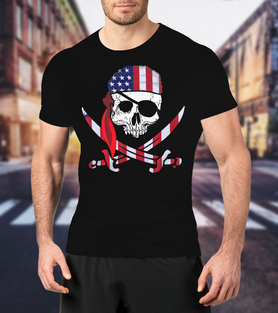 Cool Skull American Flag Pirate Patriotic T-Shirt