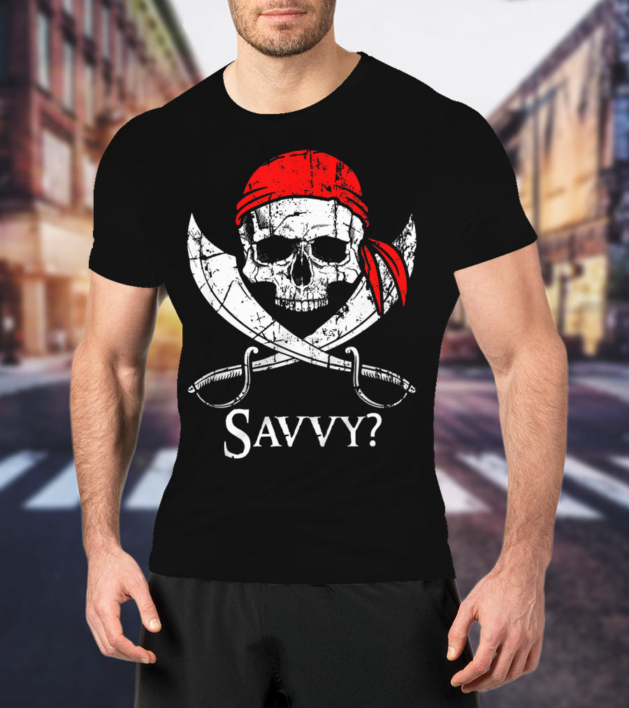 Savvy Pirate Skull And Crossbones With Red Bandana And Swords T-Shirt