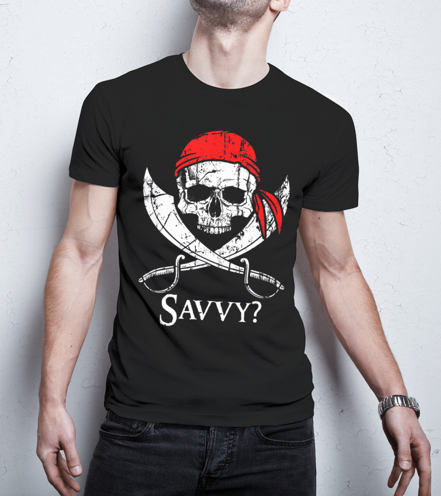 Savvy Pirate Skull And Crossbones With Red Bandana And Swords T-Shirt