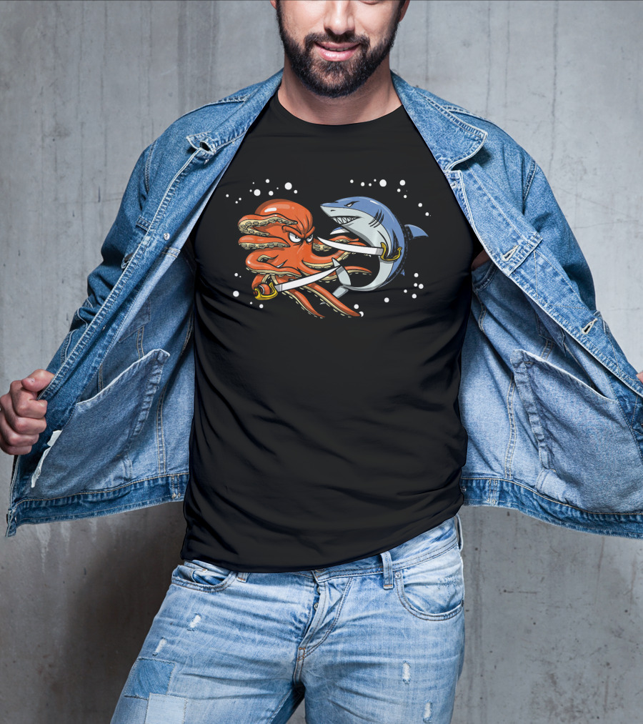 Shark Pirate Vs. Octopus Sailor Captain Sword Battle T-Shirt