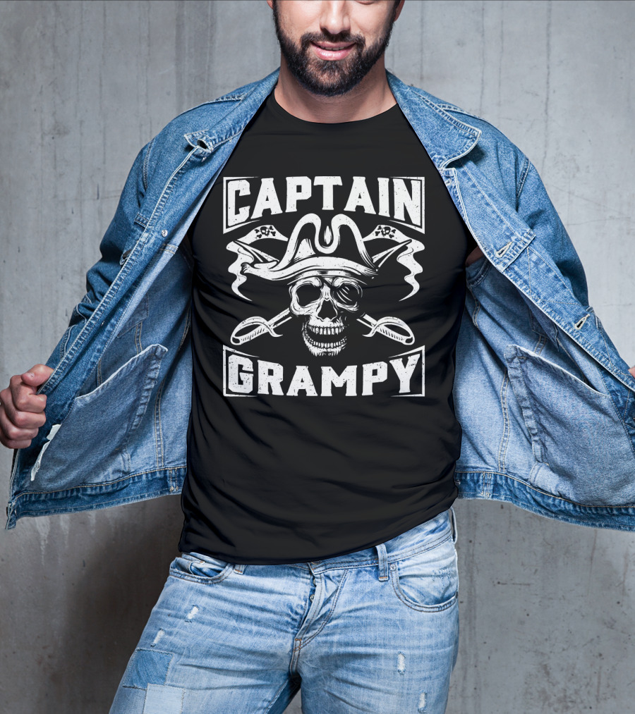 Captain Grampy Pirate Skull And Crossed Swords Motif T-Shirt