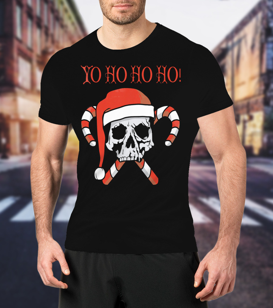 Yo Ho Ho Ho Christmas Pirate Santa Skull With Candy Canes T-Shirt