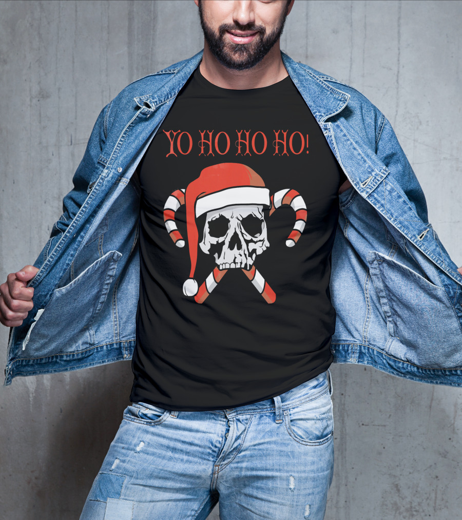 Yo Ho Ho Ho Christmas Pirate Santa Skull With Candy Canes T-Shirt
