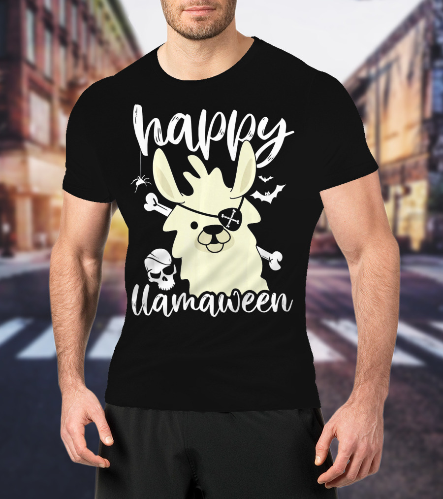 Happy Llamaween Llama Pirate Bats Skull T-Shirt