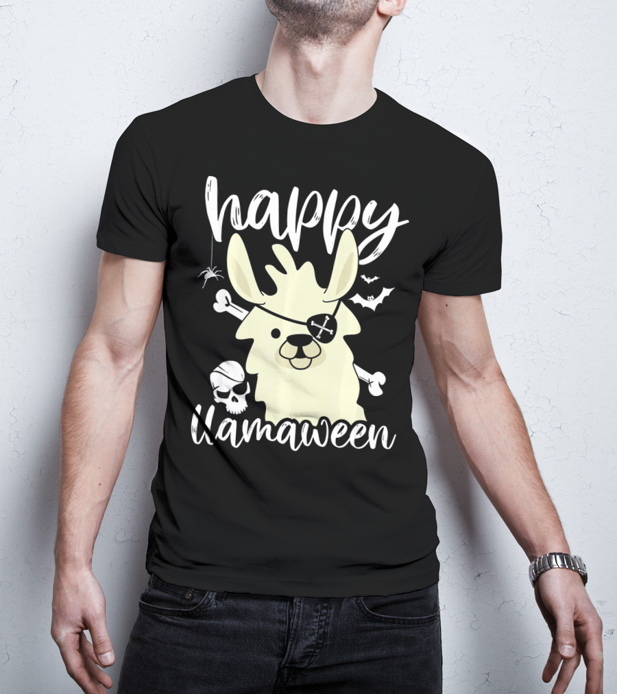 Happy Llamaween Llama Pirate Bats Skull T-Shirt